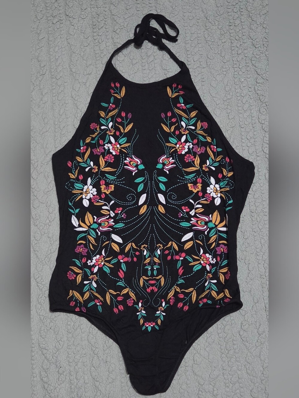 PrettyLittleThing Black Halter Floral Embroidered Bodysuit